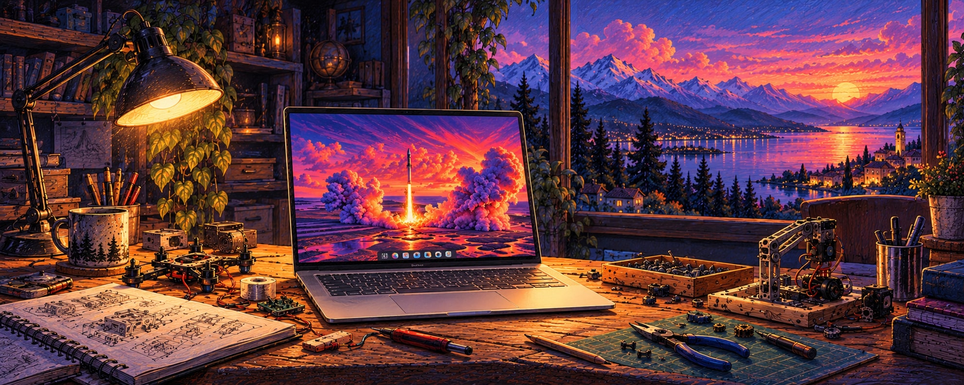 A Dell XPS on a workbench of unfinished projects, with mountains beyond the window.