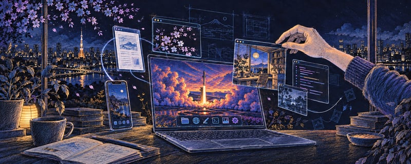 An illustrated personal desktop with a rocket-lit laptop and floating windows