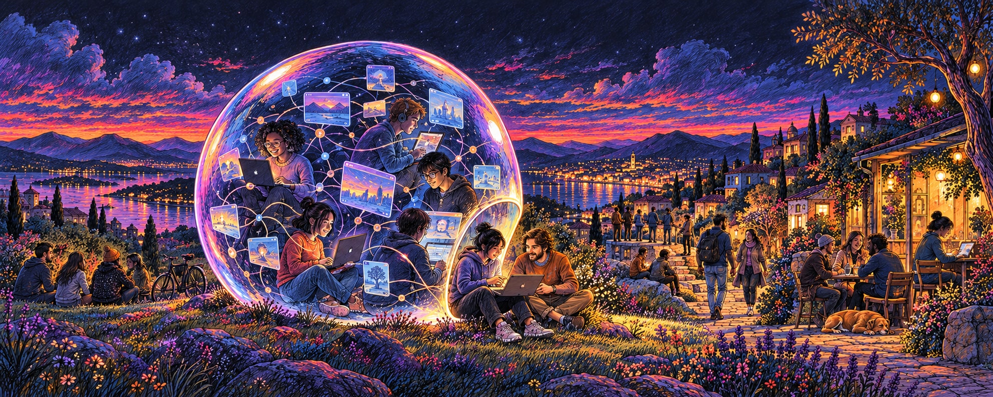 People share laptops inside and outside a luminous bubble in a lakeside village at sunset.